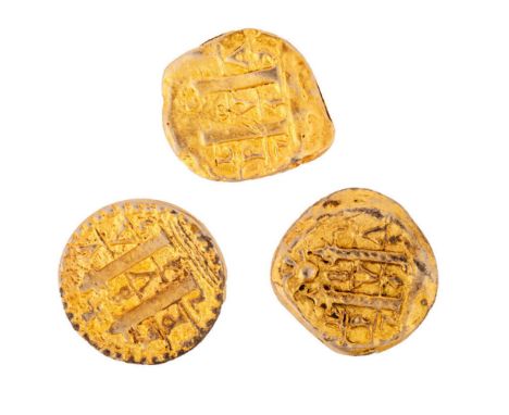 A group of three original gold-tone metal coin props from One-Eyed Willy's treasure in Richard Donner's The Goonies (Warner B