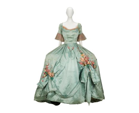 An 18th century-style robe à la française gown as seen worn by Ingrid Bergman as Clio Dulaine in the film Saratoga Trunk (War