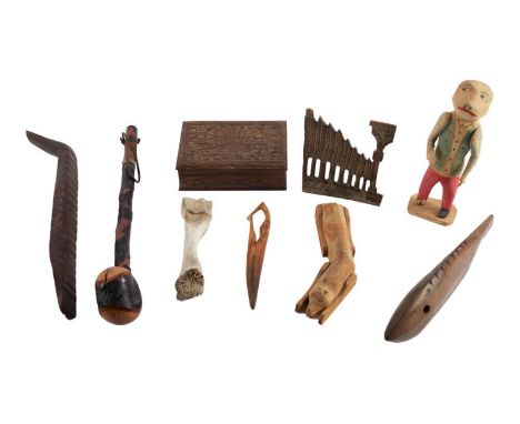 A group of wooden items personally owned by Dennis Hopper, including a shillelagh, decorative box, percussion instrument, and