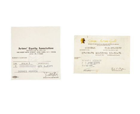 Dennis Hopper's member card for the Actors' Equity Association and the Screen Actors Guild, dated 1975 and 1976 respectively.