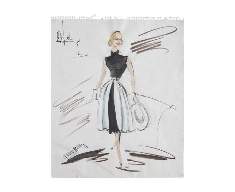 An original costume illustration of Grace Kelly, as Frances Stevens, in Alfred Hitchcock’s film To Catch A Thief, costarring 