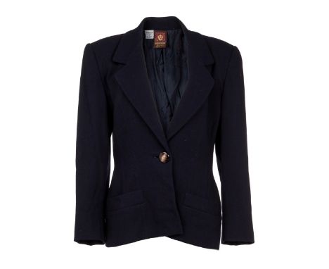 A deep blue wool crepe single-breasted blazer with a simulated tortoiseshell button, owned by Elizabeth Taylor. An Anne Taylo