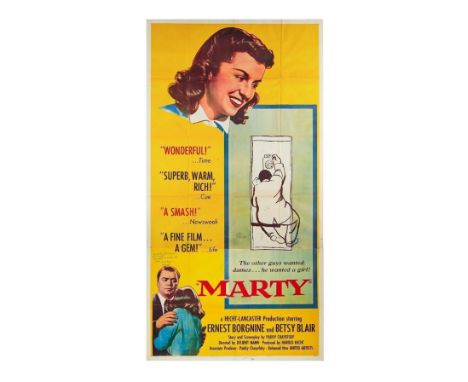 A three-sheet film poster for Delbert Mann's Marty (United Artists, 1955), signed by the film's star Ernest Borgnine (who als