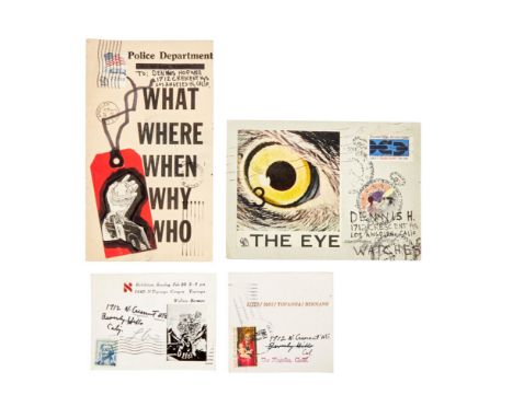A group of four cards, two were handmade by Wallace Berman and sent to Dennis Hopper in Los Angeles. One other is possibly fr