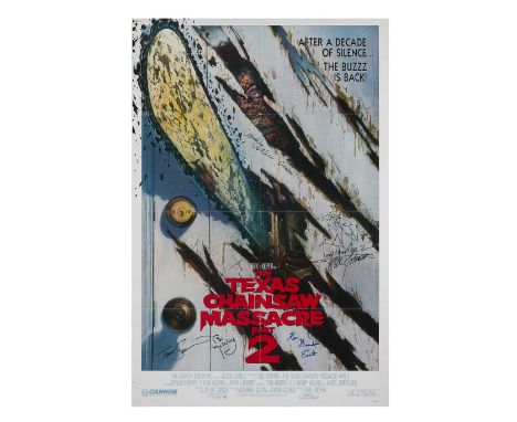 A U.S. one sheet film poster for Tobe Hooper's The Texas Chainsaw Massacre Part 2 (Cannon Films, 1986), signed by makeup arti