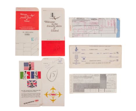 A pair of envelopes containing Dennis Hopper's TWA and United flight&nbsp;tickets, receipts, and other travel documents from 