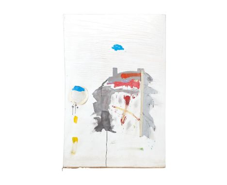 A large original mixed media on canvas artwork&nbsp;created by Dennis Hopper c. 1984, featuring paint, pencil, and three-dime