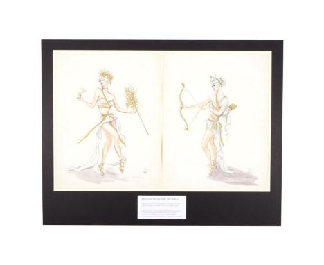 A set of two Edith Head costume designs for the film production Here Comes The Girls starring Bob Hope, Tony Martin, and Arle