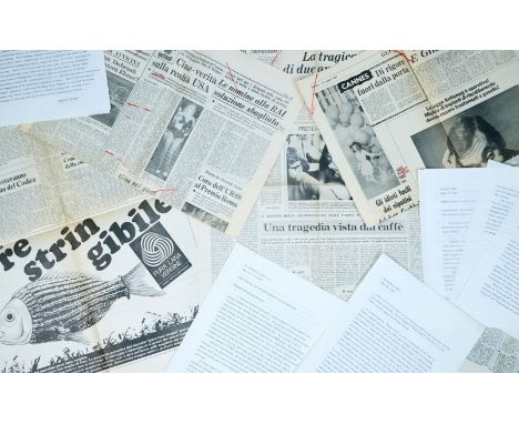 A group of Italian-language press clippings relating to the film&nbsp;Easy Rider&nbsp;(Columbia Pictures, 1969) with typed tr