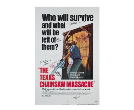 A one sheet film poster for Tobe Hooper's The Texas Chain Saw Massacre (Bryanston Pictures, 1974) signed by Hooper, Gunnar Ha