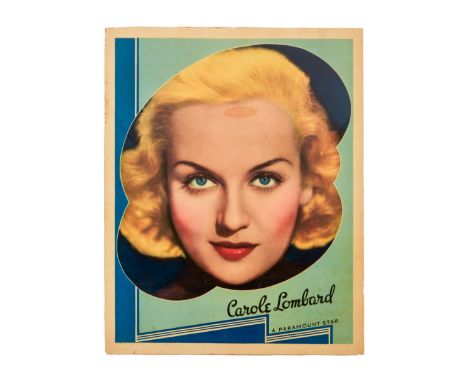 A vintage colorized personality poster of actress Carole Lombard, circa 1936. The poster features a oversized portrait of Lom