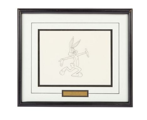 A framed, original pencil sketch of Bugs Bunny with an engraved plaque reading "The Art of 'Robert McKimson.'"Robert McKimson