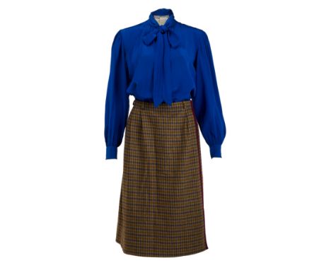 A Yves Saint Laurent Rive Gauche ensemble, circa late 1970s, owned by Elizabeth Taylor.The ensemble comprises a plaid wool sk