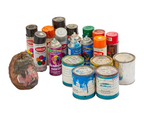 A group of 19 cans of acrylic paint and spray paint, owned and used by Dennis Hopper. Includes one painted coconut shell.Hopp