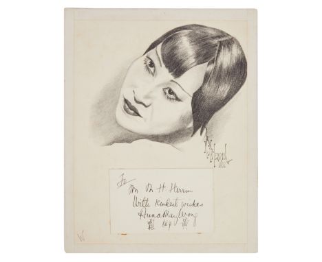 A pencil and charcoal on board portrait of famed actress Anna May Wong, drawn by artist M.H. Herrin and dated 1932. On a note