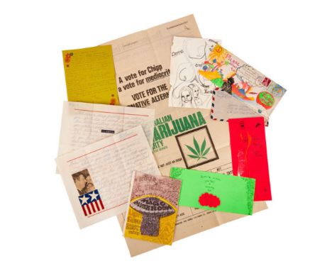 A group of psychedelic flyers and notes belonging to Dennis Hopper, including: a Magic Mushroom (Studio City) club flyer&nbsp