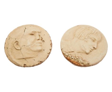 A pair of clay-on-wood fresco portraits of Madel Dodge Luhan and Tony Lujan from the Mabel Dodge Luhan House ("Mud House") ow