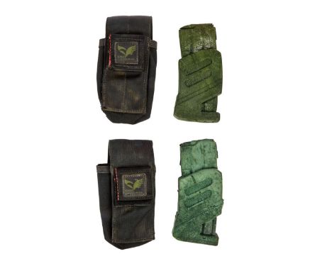 Two original stunt ammunition pouches and Morita rifle magazine props as used in Starship Troopers (Touchstone Pictures, 1997