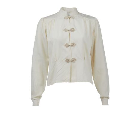 A custom-made silk check blouse with Mandarin collar and ornate frog closures as seen worn by Madonna as "Gloria Tatlock" in 