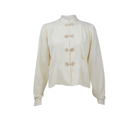 A custom-made silk check blouse with Mandarin collar and ornate frog closures as seen worn by Madonna as Gloria Tatlock in Sh