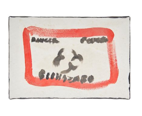 An original canvas on wooden frame painting of the words "Danger / Biohazard" with a biohazard symbol in black within a red b