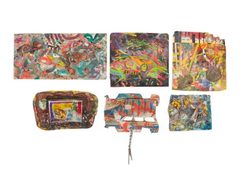 A group of six painted mixed media assemblages, believed to have been created by Dennis Hopper: one executed on glass, one on