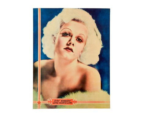 A vintage colorized poster of Jean Harlow, circa 1930s. The portrait features an oversized image of Harlow's face above the p