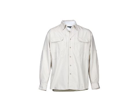 A Royal Robbins khaki button-up outdoor shirt and a Columbia Sportswear Company army green t-shirt as seen worn by Robin Will