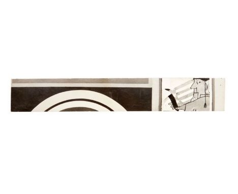 A rectangular portion of an exhibition art piece owned by Dennis Hopper. A glossy black and white print adhered to cardboard&