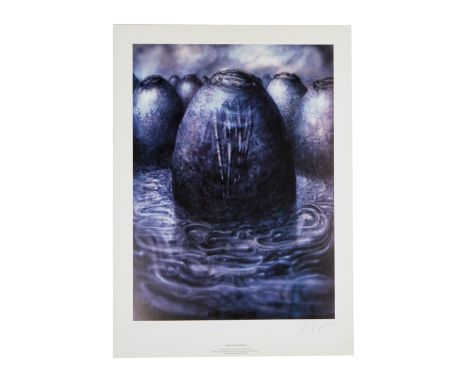 A limited edition print of an H.R. Giger painting titled "Alien Egg Version II," signed and numbered by Giger in pencil. Numb