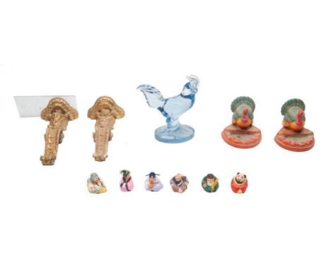 A group of ceramic and glass decorative items that belonged to Dennis Hopper. Included are a pair of turkey-shaped ashtrays, 