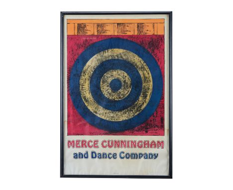 A framed 1968 Merce Cunningham and Dance Company poster featuring artwork by Jasper Johns from the personal collection of Den