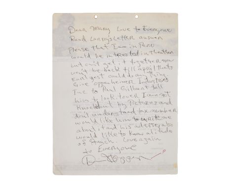 A note handwritten in pencil by Dennis Hopper on the back of letterhead for the film Easy Rider (Columbia Pictures, 1969). Th