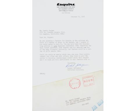A letter from Esquire Editorial Associate Rachel Gallagher to Dennis Hopper, dated October 27, 1967 and on Esquire letterhead