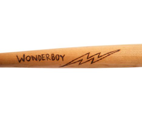 A 33-inch oak baseball bat prop with wood-burned lettering that reads "Wonderboy" alongside a lightning bolt from the product