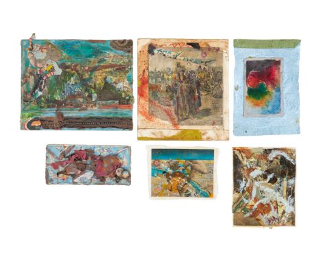 A group of six mixed media paper and cloth assemblages believed to have been created by Dennis Hopper, one of which is dated 