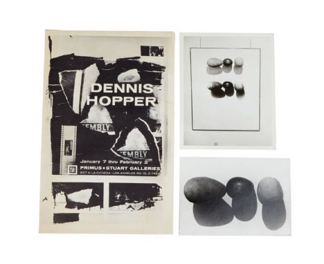 An original black and white photograph taken by Dennis Hopper of framed artwork of rocks hanging in a gallery. Together with 
