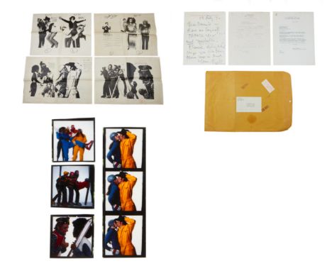 A group of layouts and color transparencies from a colorful, ski-themed photo shoot Dennis Hopper and Michelle Phillips did f