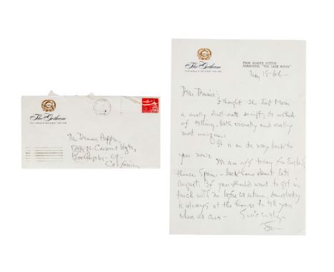 A signed handwritten letter from Joseph Cotten to Dennis Hopper with "From Joseph Cotton [sic] / Regarding 'The Last Movie'" 