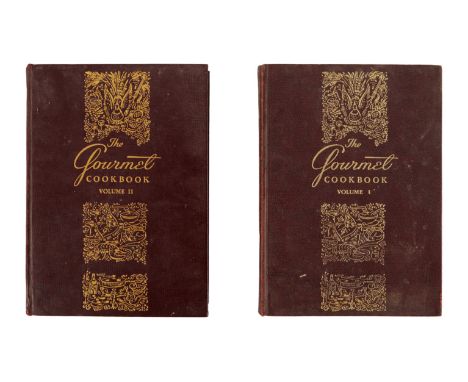 A pair of hardback books titled The Gourmet Cookbook, Volume 1 and Volume 2 (Gourmet, 1965) that are each signed inside in bl