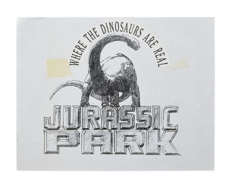 A printed concept artwork copy with an adhered "Where The Dinosaurs Are Real" graphic from Steven Spielberg's sci-fi/drama Ju
