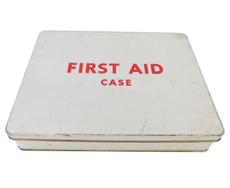 A 1960's/1970's first aid kit, with white enamel tin and contents, to include triangular bandage, lint dressing, cotton wool,