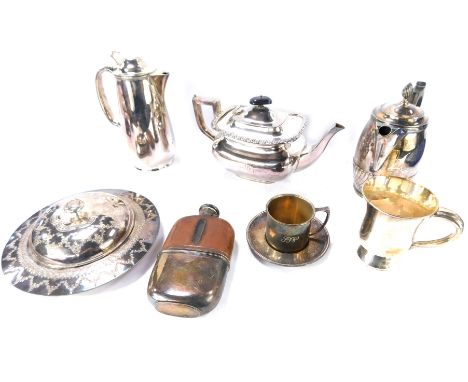 Victorian and later plated wares, including a Victorian gothic butter dish and cover, Lambert of Coventry Stree semi fluted c