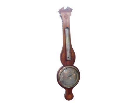 A George III mahogany wheel barometer, by F Molton of Norwich, with thermometer, the case with inlaid sunburst paterae, 38cm 
