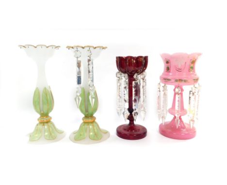 Four 19thC glass lustres, comprising a pair of opaline and green leaf moulded glass lustres, with gilt highlighting, 34cm hig