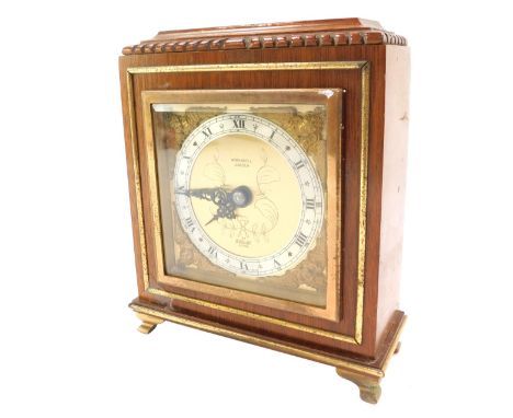 A W Mansell of Lincoln Elliott mantel clock, in a mahogany case, with brass numeric dial with a silver chapter ring, 17cm hig