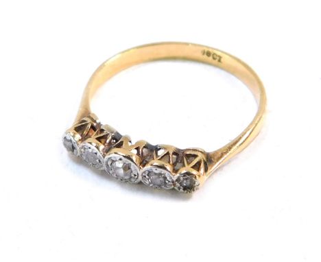 A diamond dress ring, the old cut diamonds in illusion setting, yellow metal stamped 18, size M, 1.8g all in.