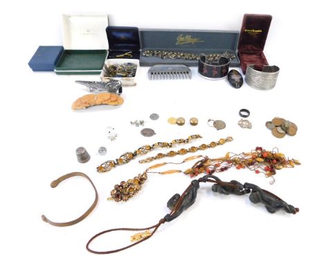 A group of costume jewellery, comprising Eastern bangle, collar studs, imp neck chain, floral brooches, tie clips, etc. (a qu