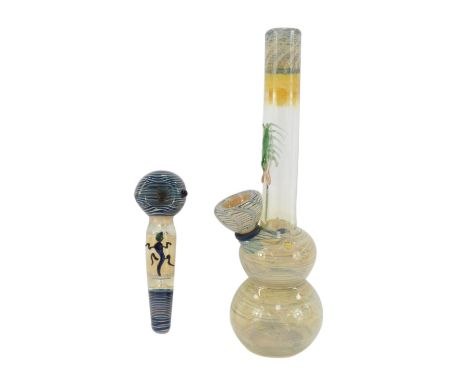 An opaline glass water and earth spoon pipe, moulded with a lizard, 12.5cm wide, together with an opalescent glass water pipe