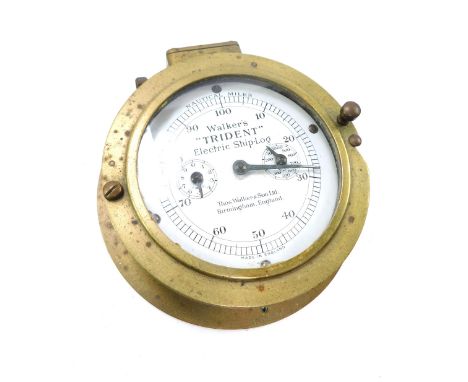 An early 20thC Walker's "Trident" electric ship's log, brass cased, circular white dial bearing nautical miles and two subsid